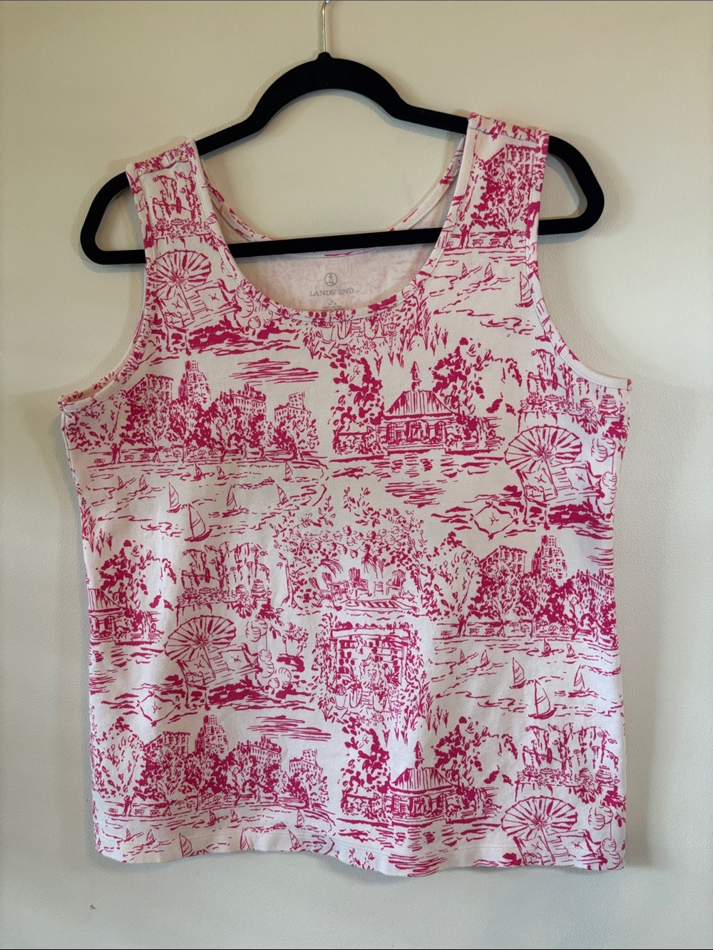 Lands' End White Tank Top with Pink Toile Print